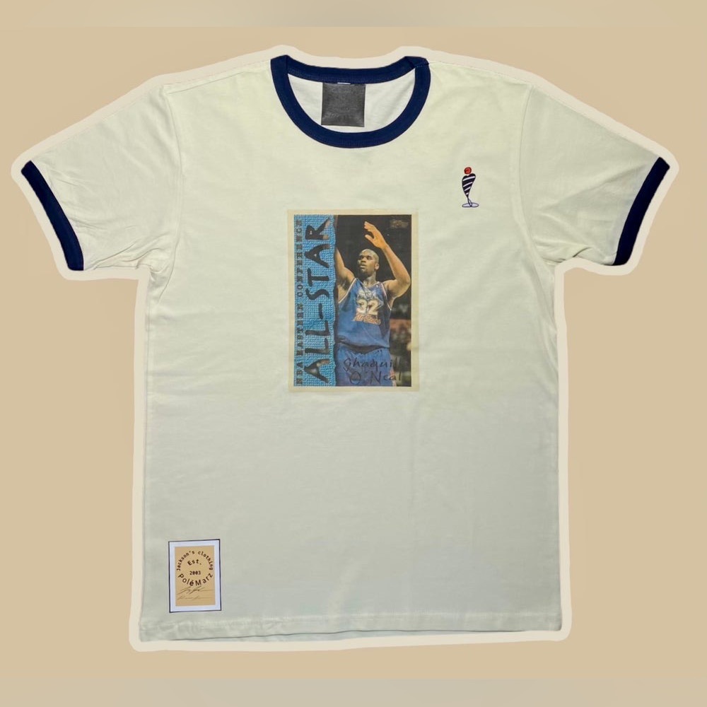 ShaQ Classics game card ringer tee, size medium, offwhite and blue, new